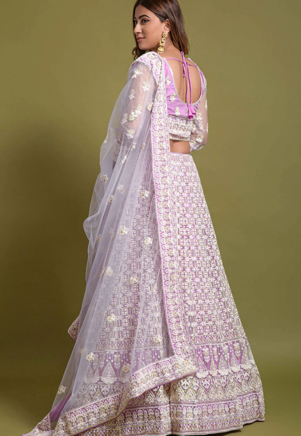 Embroidered Net Lehenga in Purple