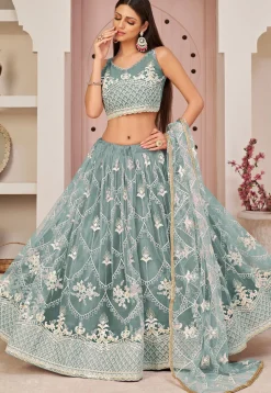 Embroidered Net Lehenga in Dusty Blue