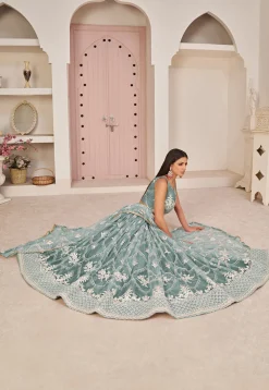 Embroidered Net Lehenga in Dusty Blue