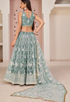 Embroidered Net Lehenga in Dusty Blue