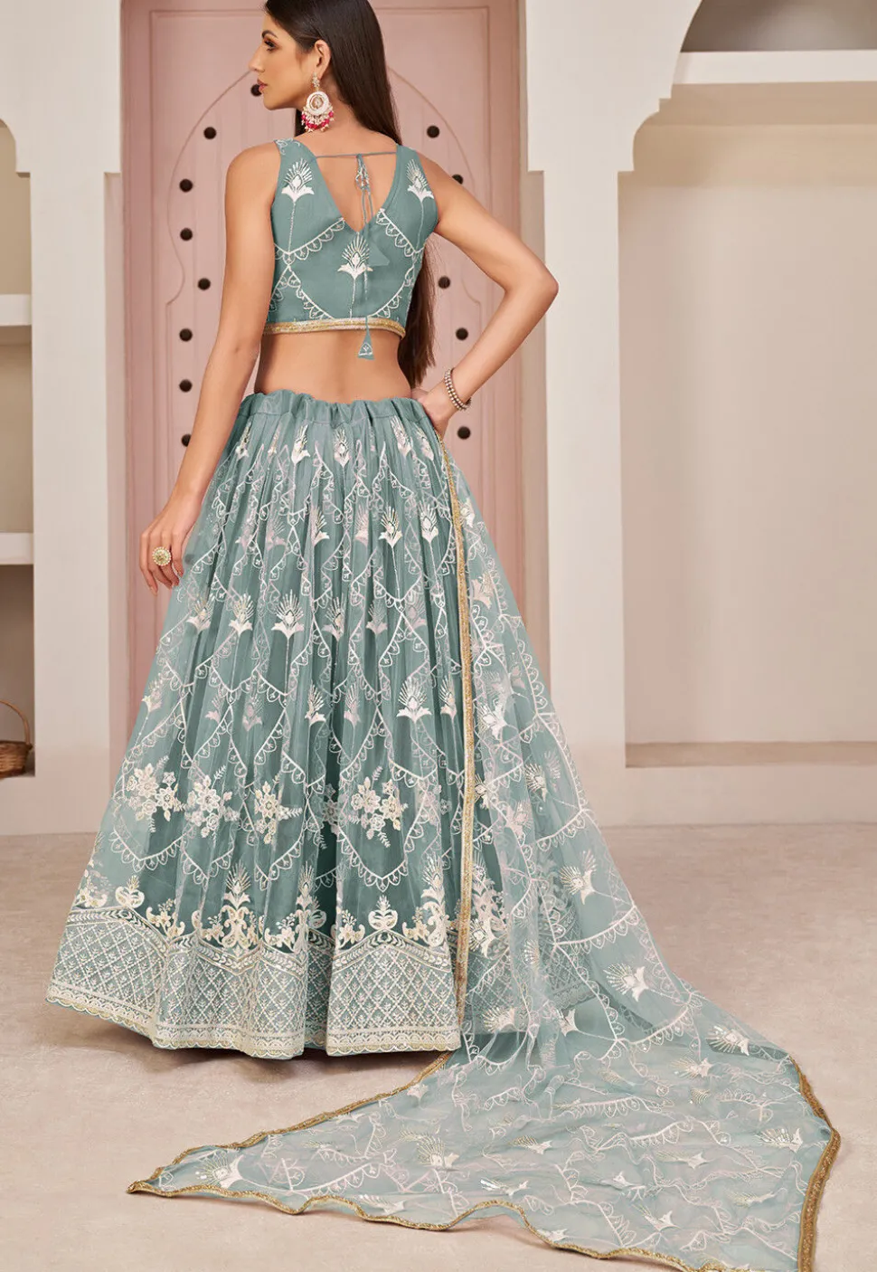 Embroidered Net Lehenga in Dusty Blue