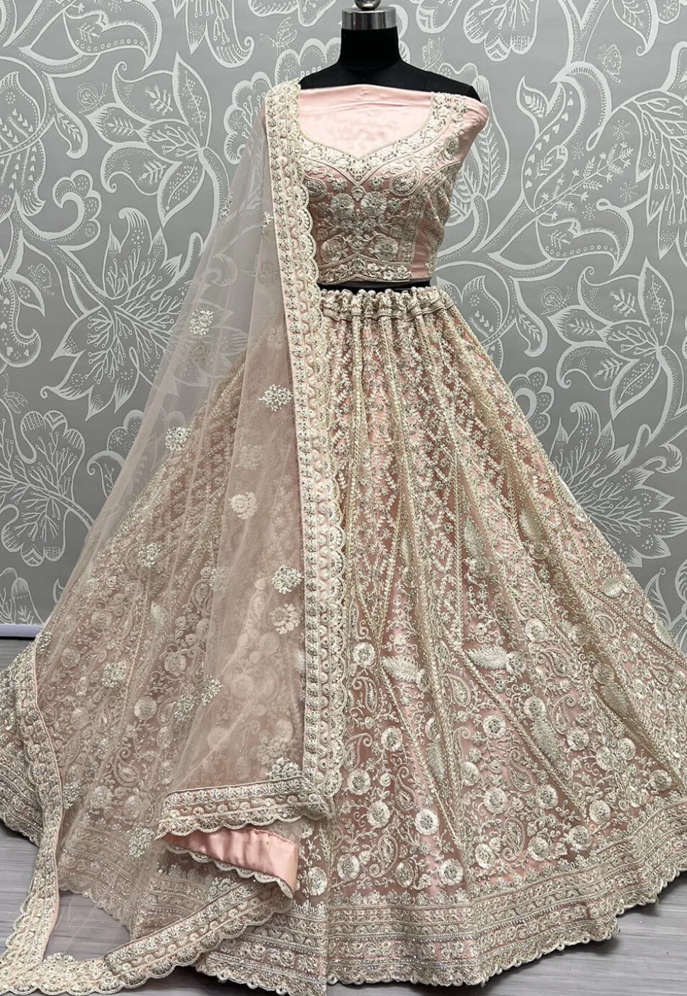 Embroidered Net Lehenga in Peach
