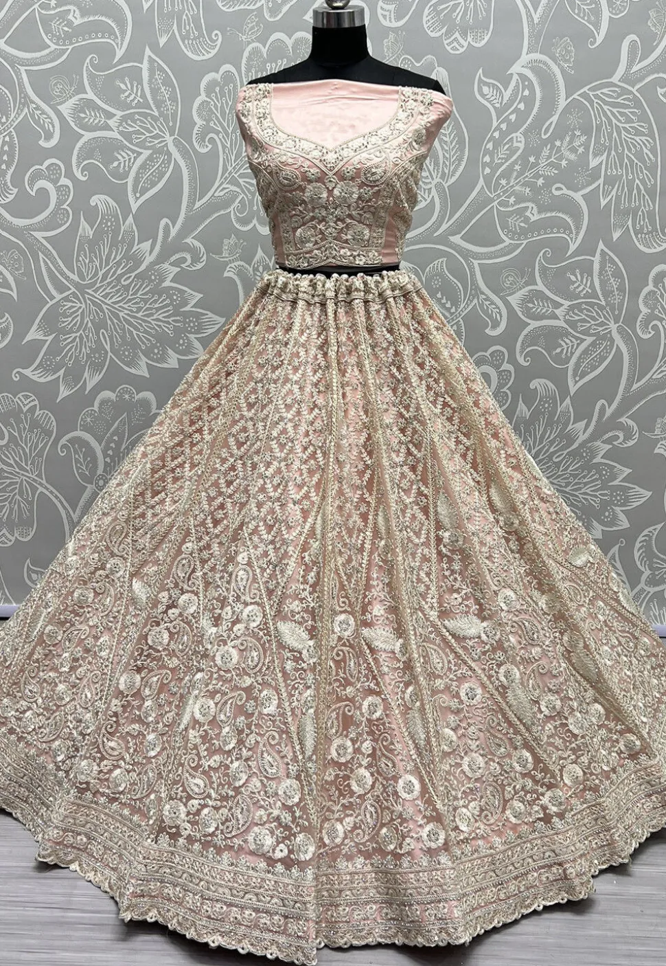Embroidered Net Lehenga in Peach