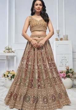 Embroidered Net Lehenga in Multicolor