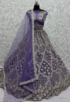 Embroidered Net Lehenga in Purple