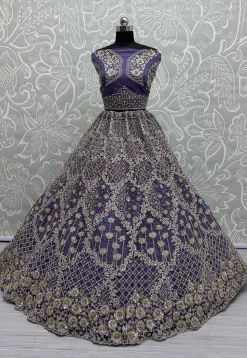 Embroidered Net Lehenga in Purple
