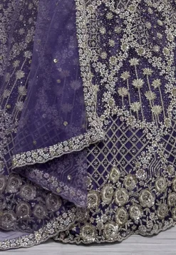 Embroidered Net Lehenga in Purple
