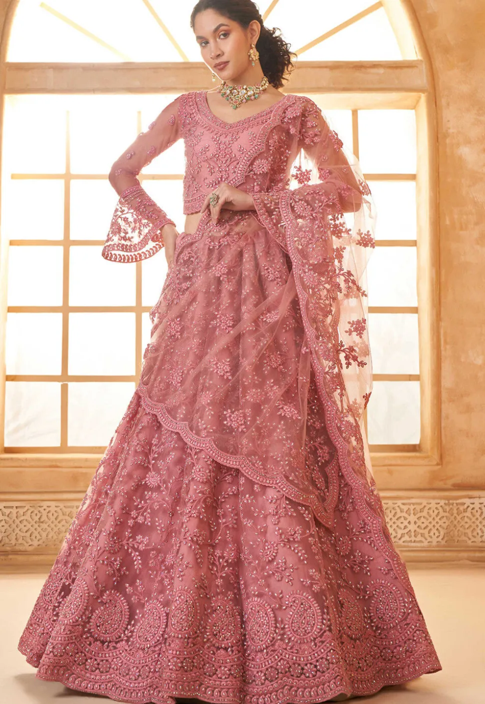 Embroidered Net Lehenga in Pink