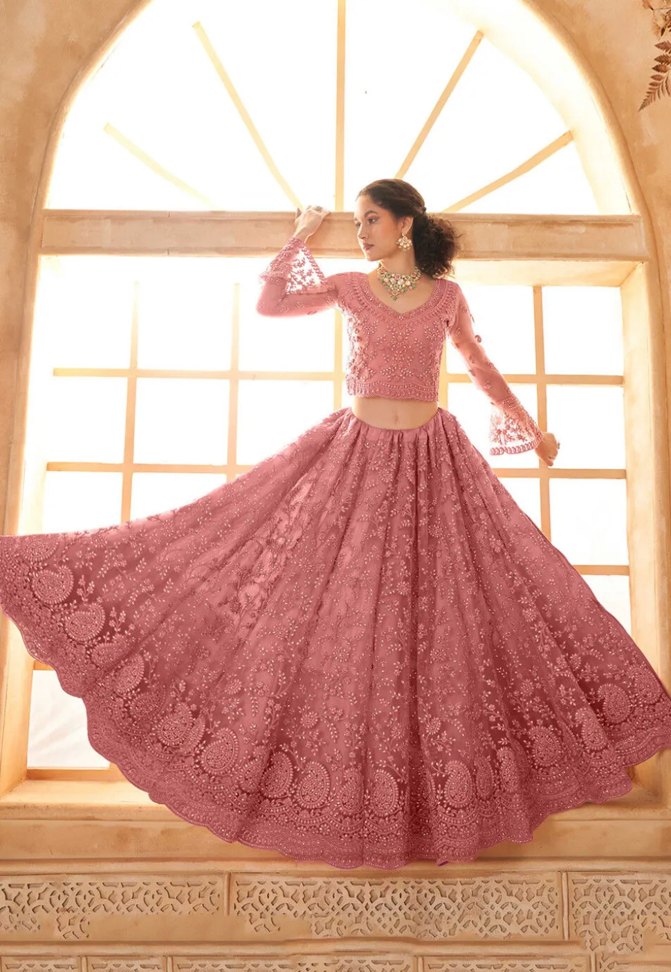 Embroidered Net Lehenga in Pink