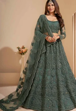 Embroidered Net Lehenga in Dusty Green