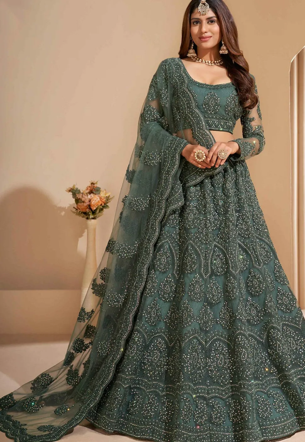 Embroidered Net Lehenga in Dusty Green