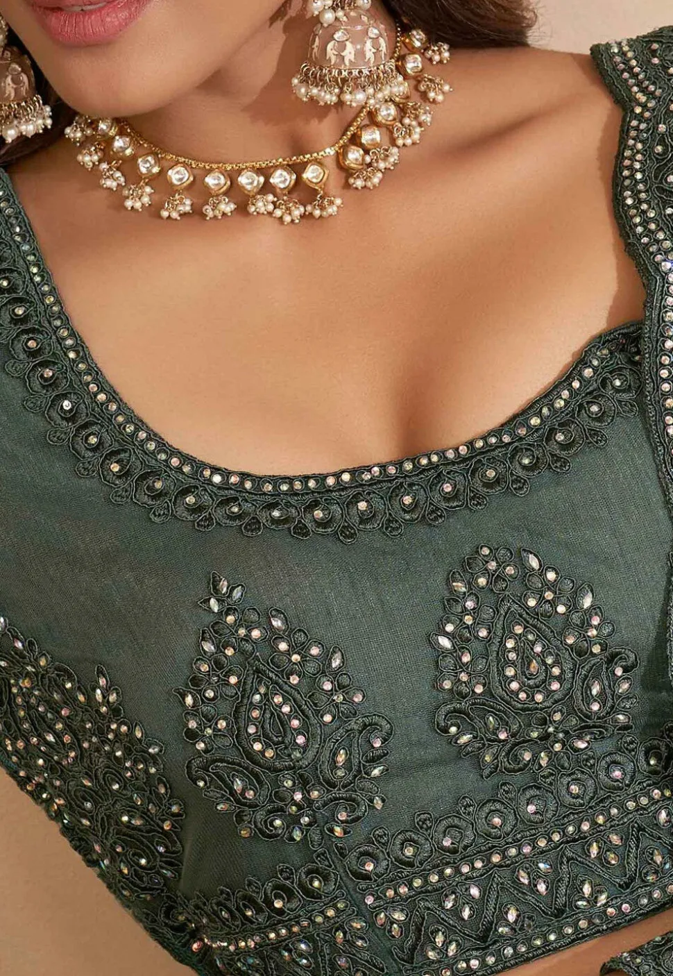 Embroidered Net Lehenga in Dusty Green
