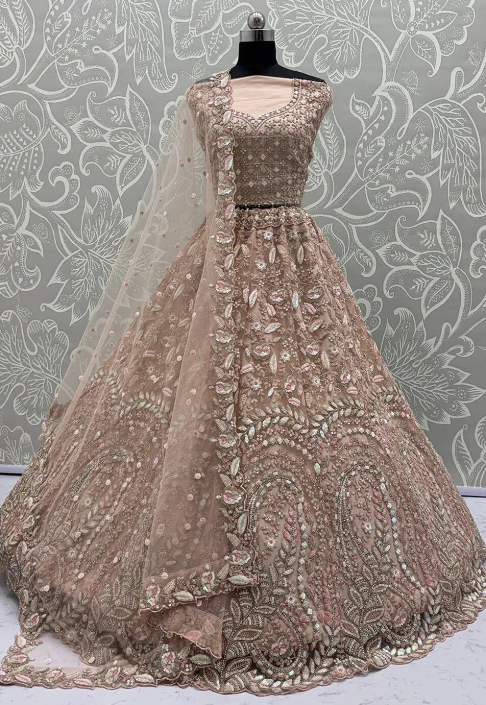 Embroidered Net Lehenga in Peach