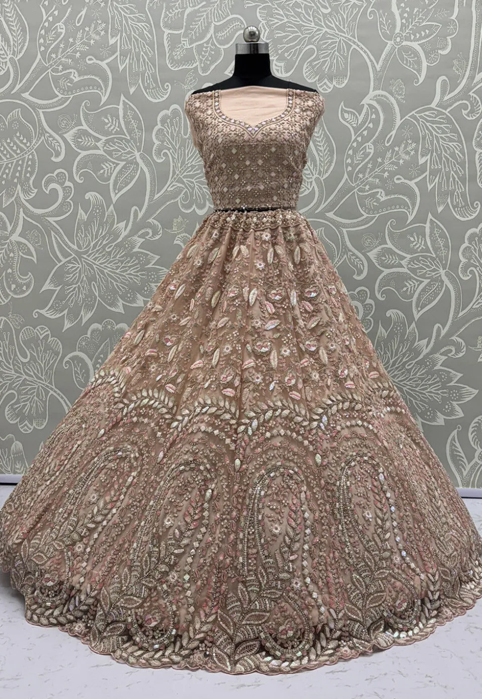 Embroidered Net Lehenga in Peach