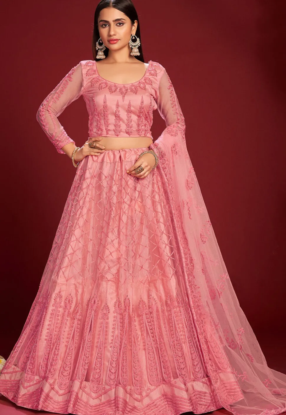 Embroidered Net Lehenga in Pink
