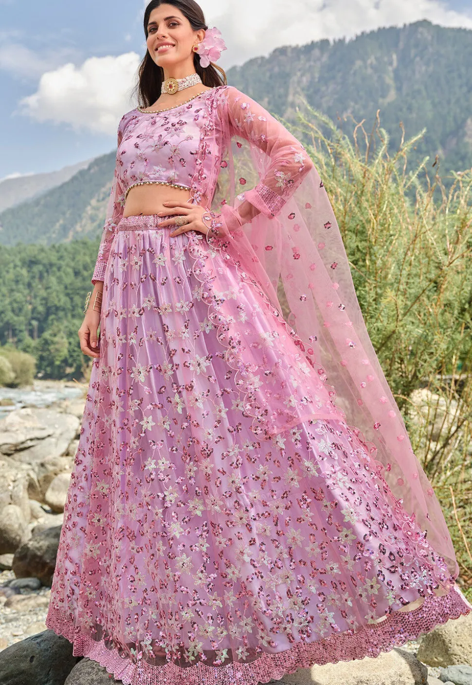 Embroidered Net Lehenga in Purple