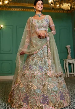 Embroidered Net Lehenga in Sea Green