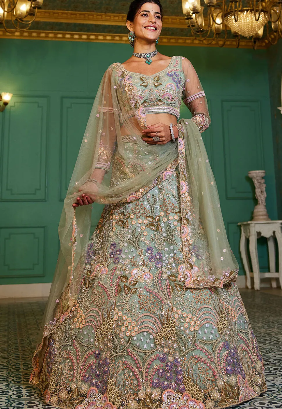 Embroidered Net Lehenga in Sea Green