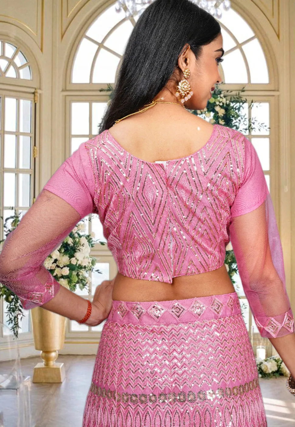 Embroidered Net Lehenga in Pink