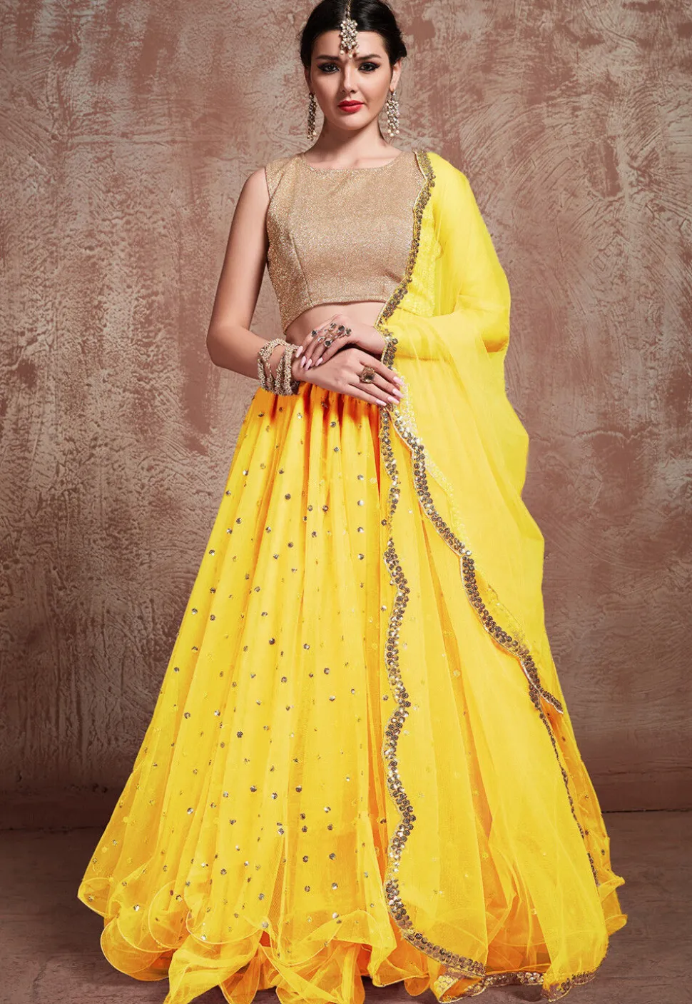 Embroidered Net Lehenga in Yellow