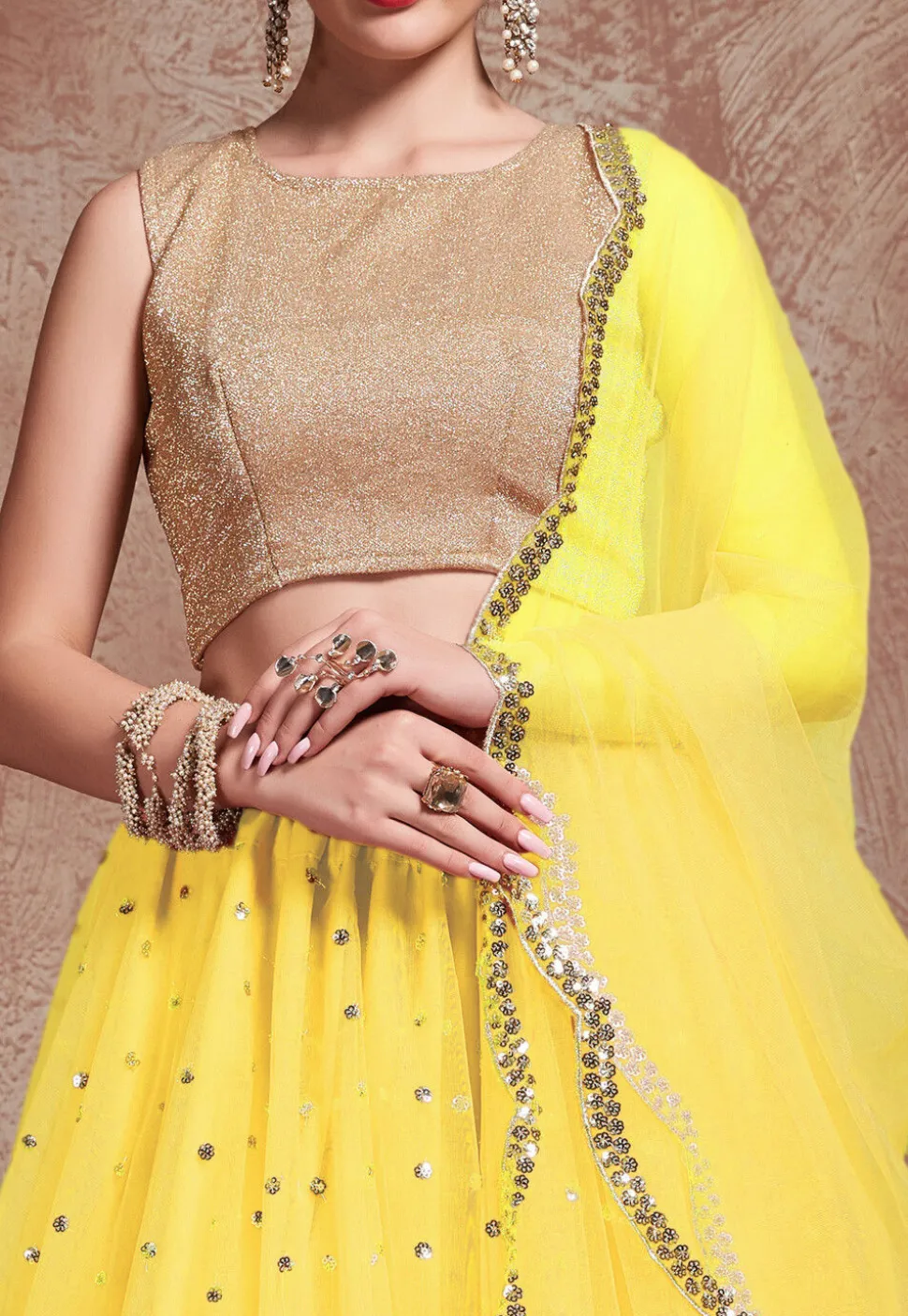 Embroidered Net Lehenga in Yellow