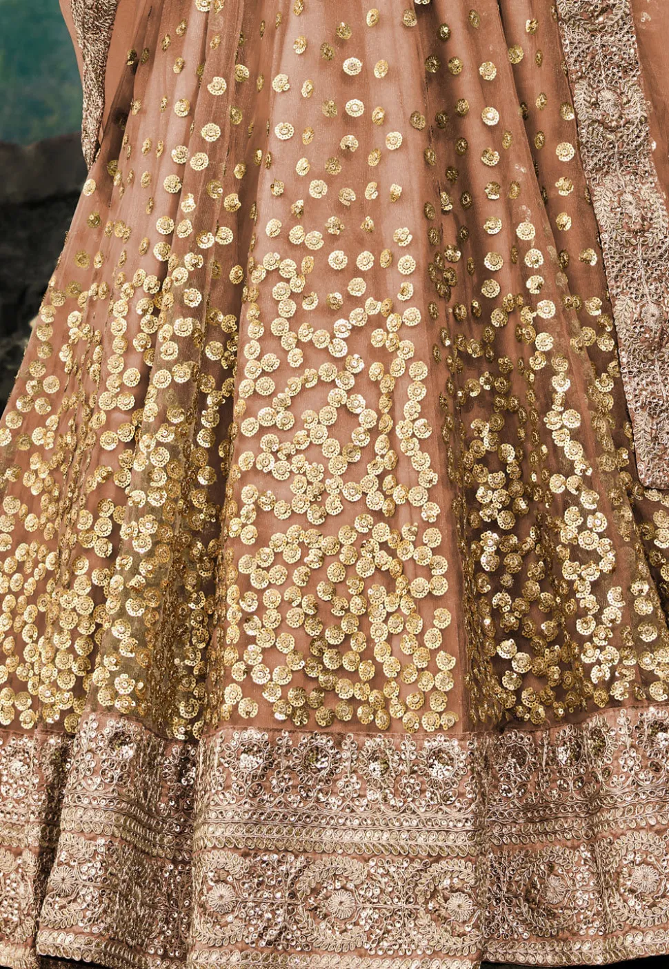 Embroidered Net Lehenga in Dark Beige