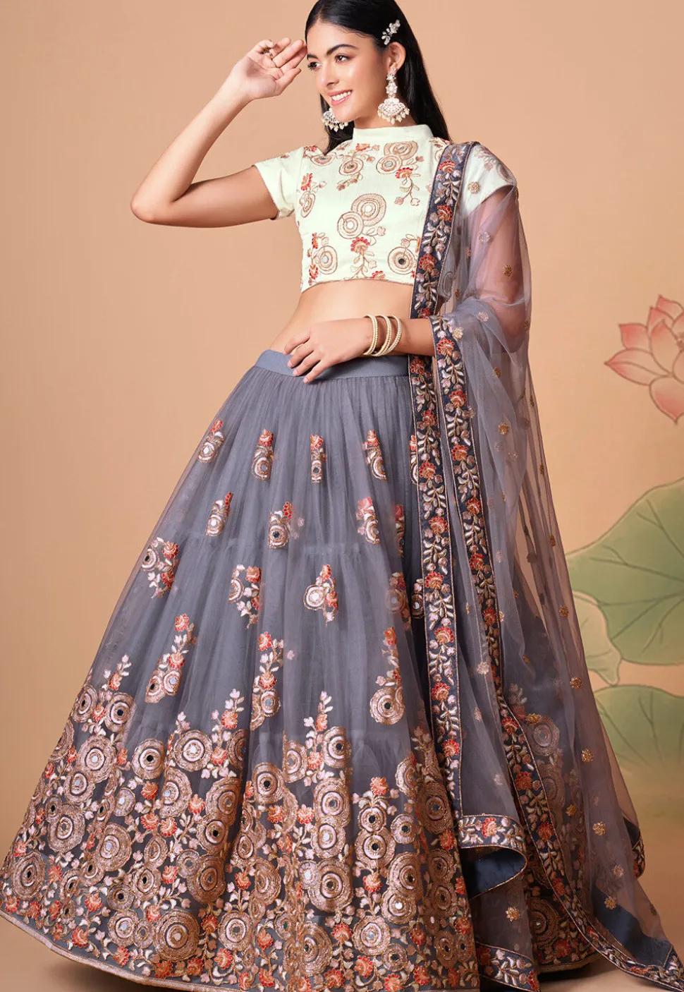 Embroidered Net Lehenga in Dusty Purple