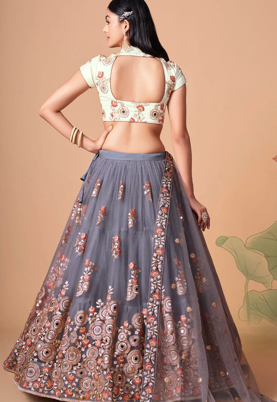 Embroidered Net Lehenga in Dusty Purple