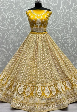 Embroidered Net Lehenga in Yellow