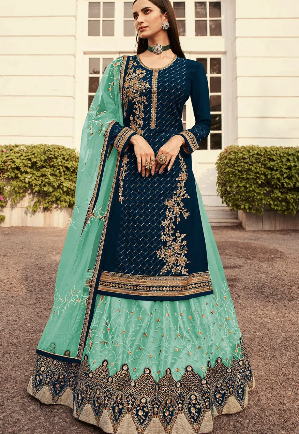 Embroidered Net Lehenga in Teal Blue