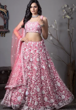 Embroidered Net Lehenga in Pink