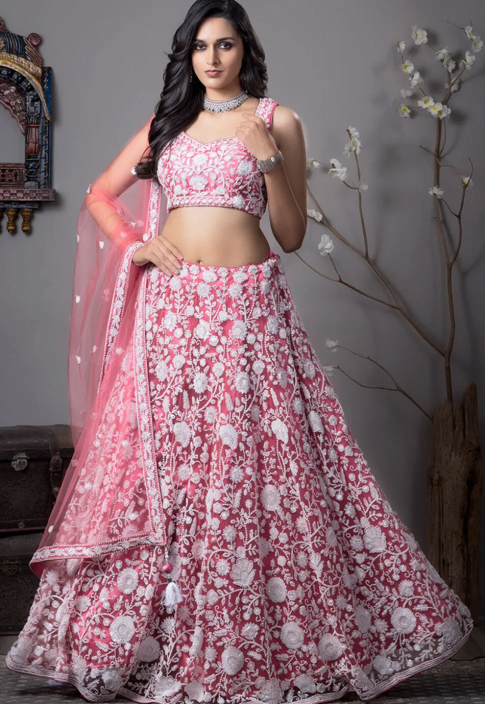 Embroidered Net Lehenga in Pink