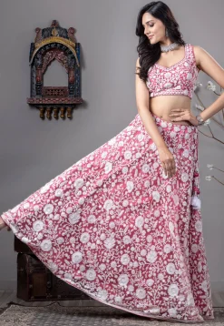 Embroidered Net Lehenga in Pink