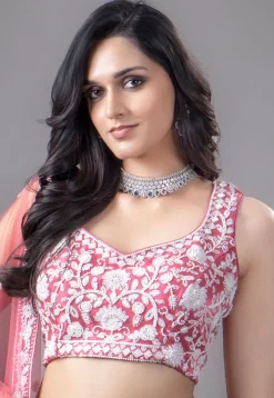 Embroidered Net Lehenga in Pink