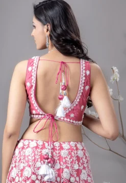 Embroidered Net Lehenga in Pink