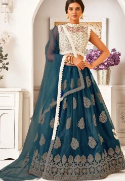 Embroidered Net Lehenga in Teal Blue