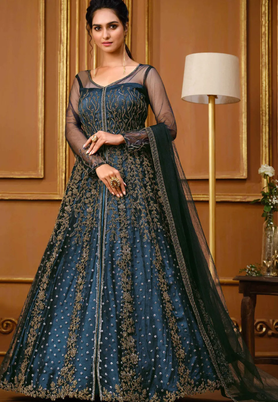 Embroidered Net Lehenga in Navy Blue