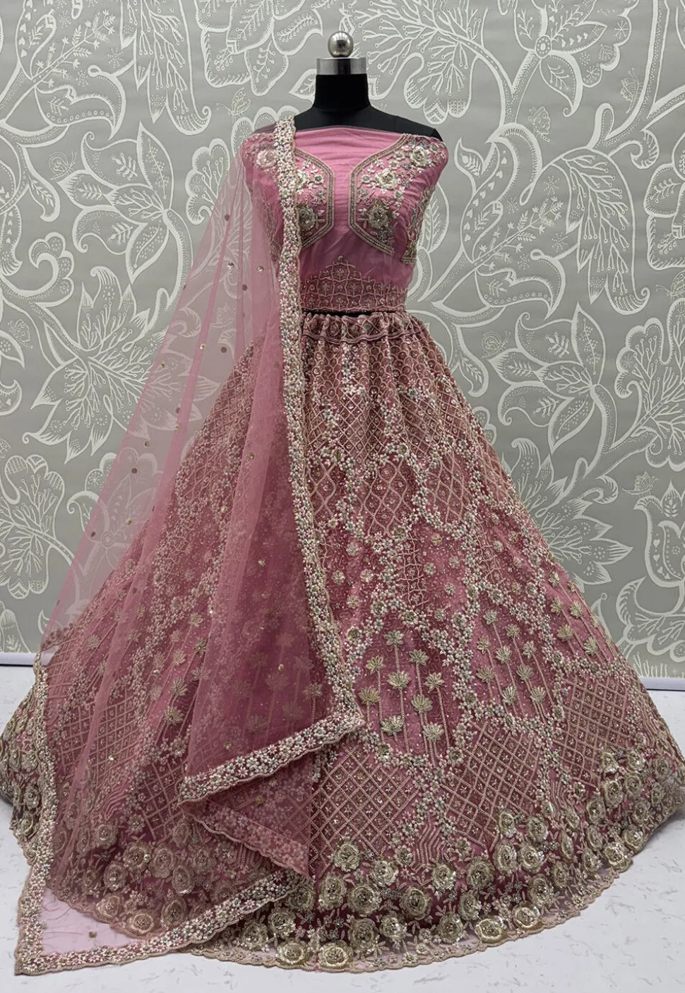 Embroidered Net Lehenga in Pink