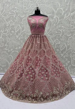 Embroidered Net Lehenga in Pink