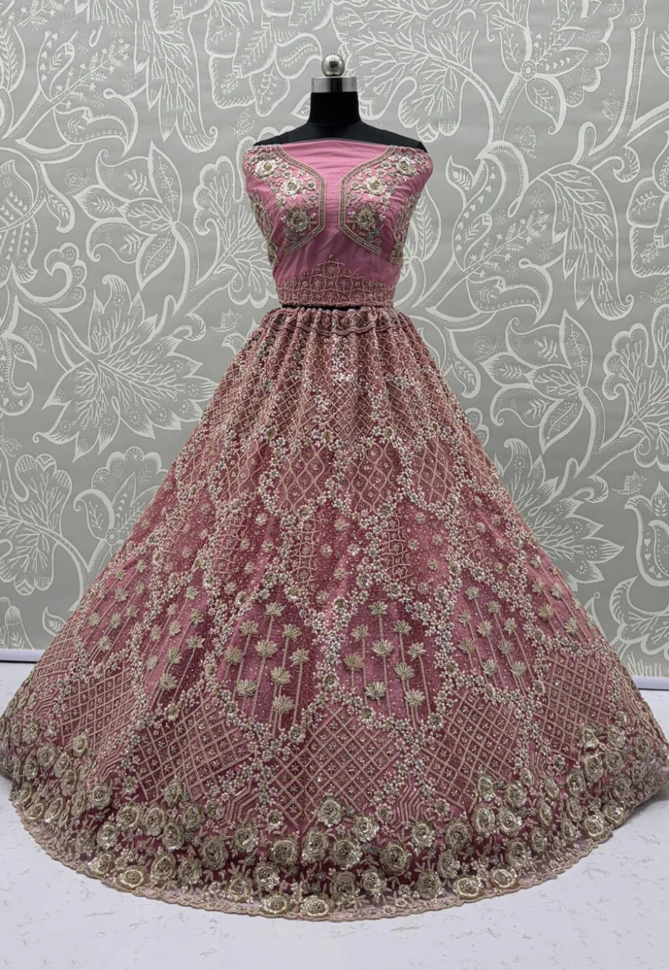 Embroidered Net Lehenga in Pink