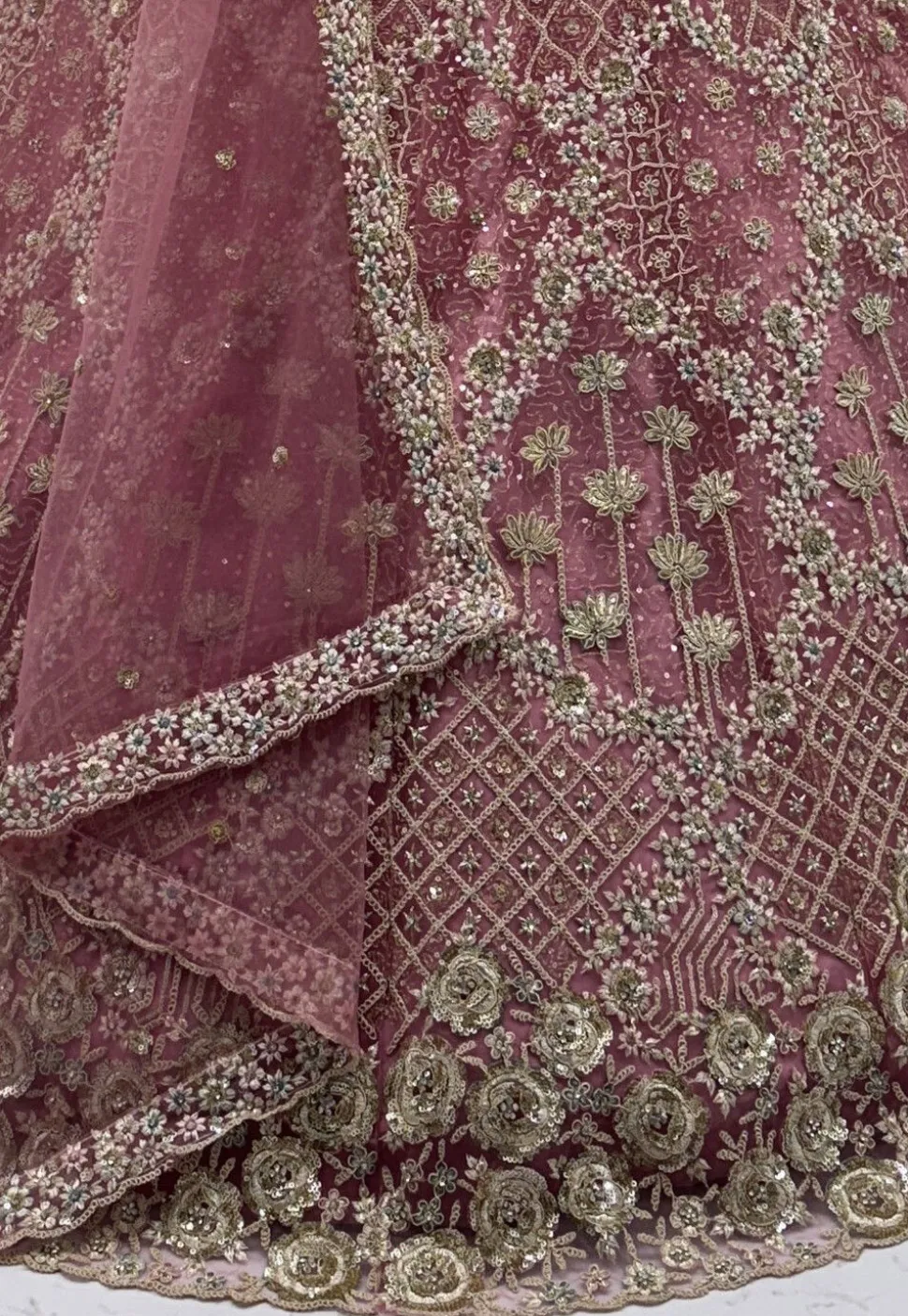 Embroidered Net Lehenga in Pink