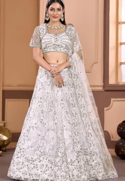 Embroidered Net Lehenga in Off White