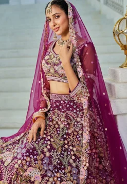 Embroidered Net Lehenga in Purple
