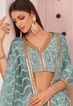 Embroidered Net Lehenga in Dusty Blue