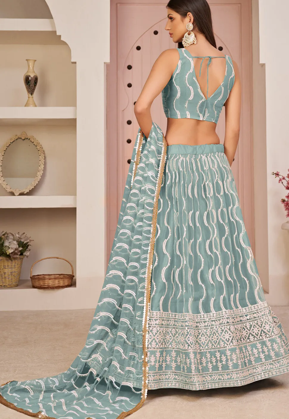 Embroidered Net Lehenga in Dusty Blue