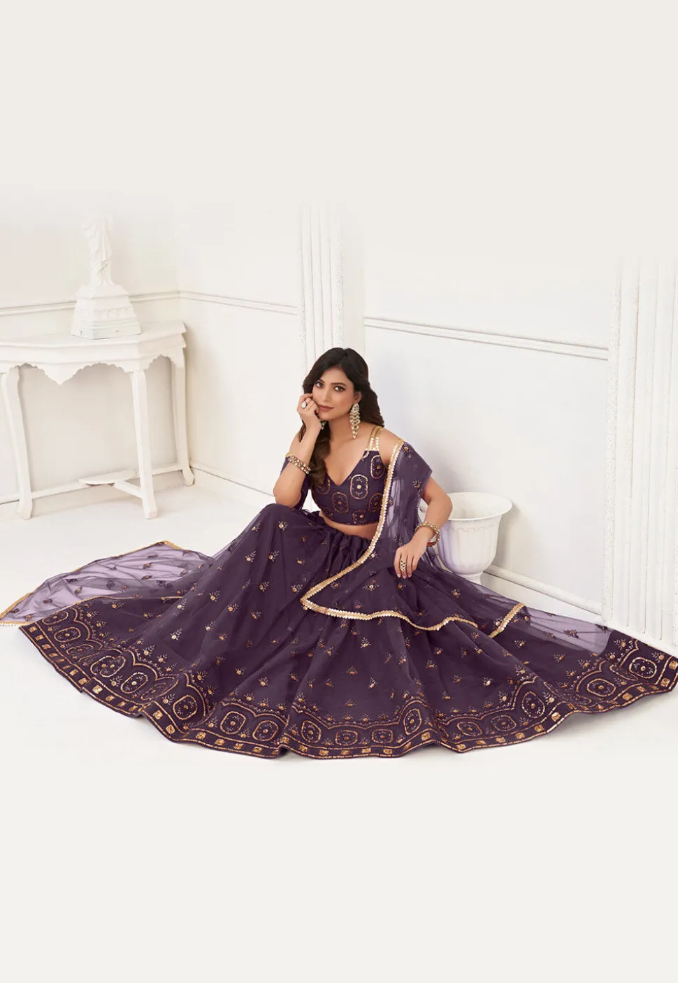 Embroidered Net Lehenga in Dark Purple
