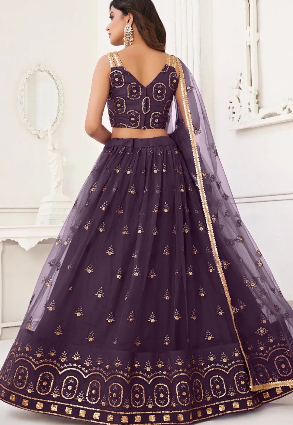 Embroidered Net Lehenga in Dark Purple
