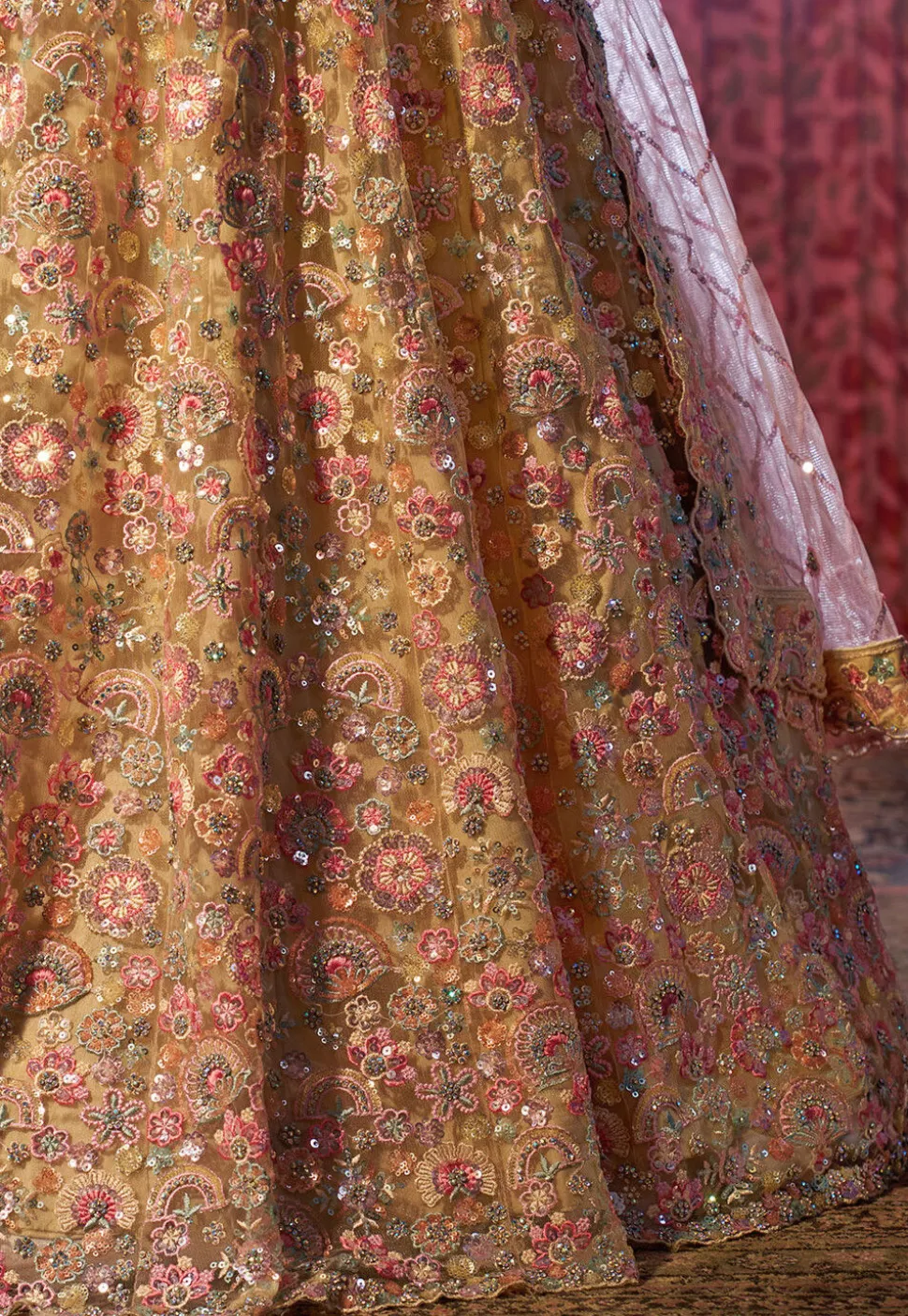 Embroidered Net Lehenga in Beige