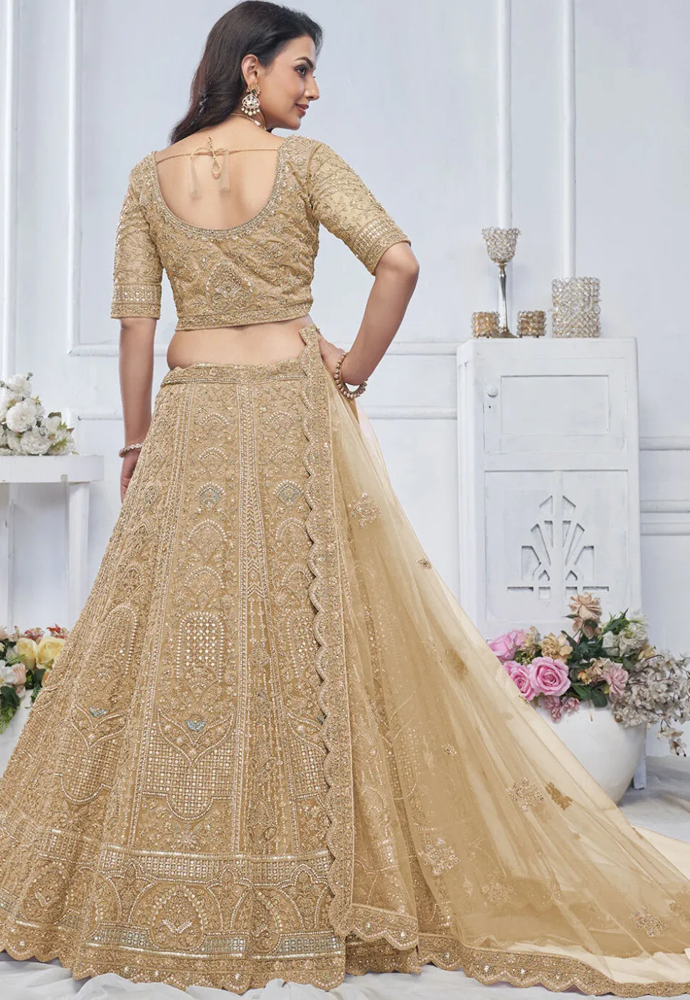 Embroidered Net Lehenga in Beige