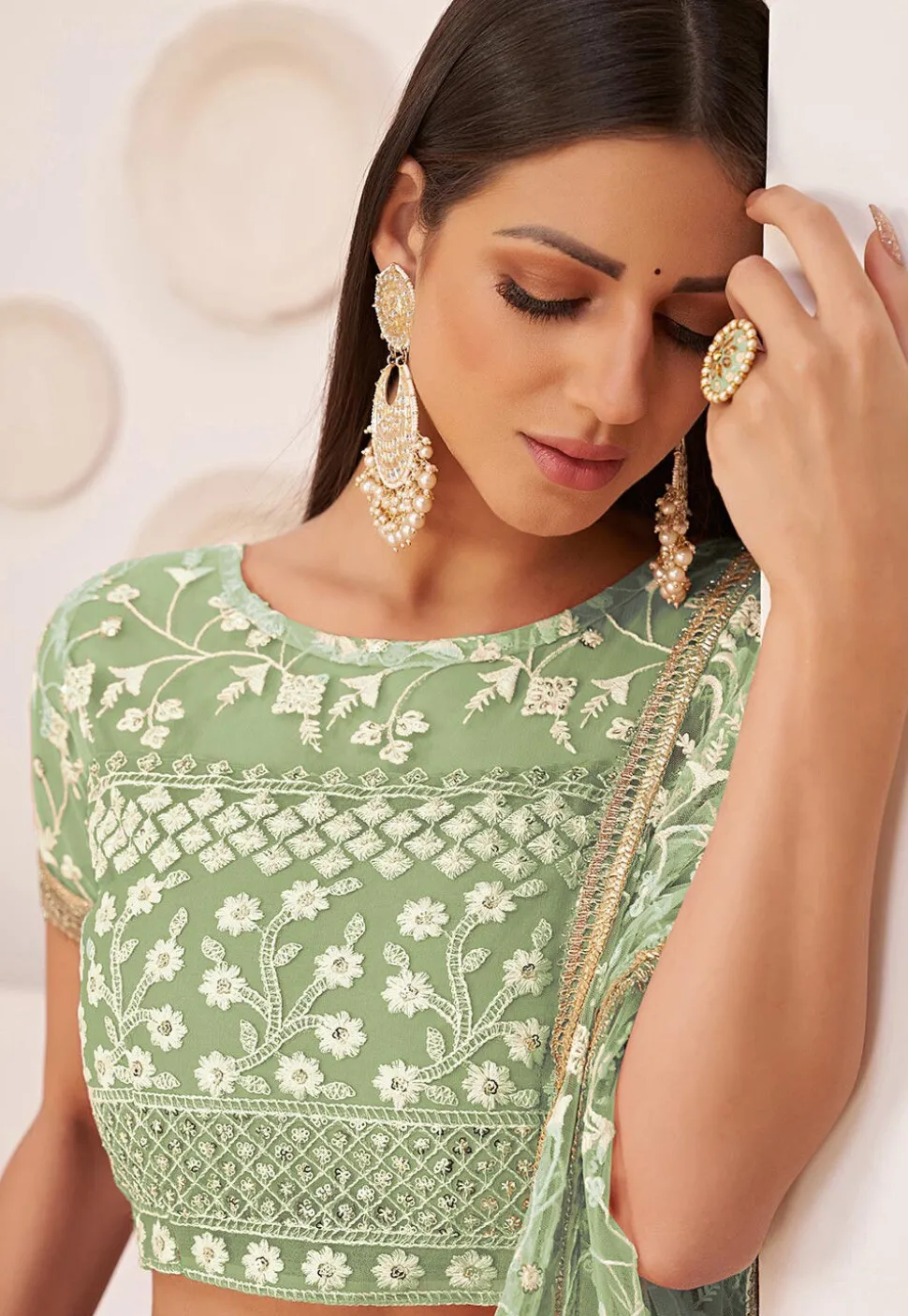 Embroidered Net Lehenga in Pastel Green